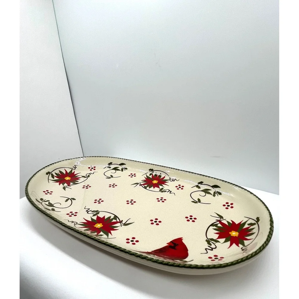 Temp-tations by Tara Winter Whimsy Cardinal Poinsettia Oval Serving Platter 12in